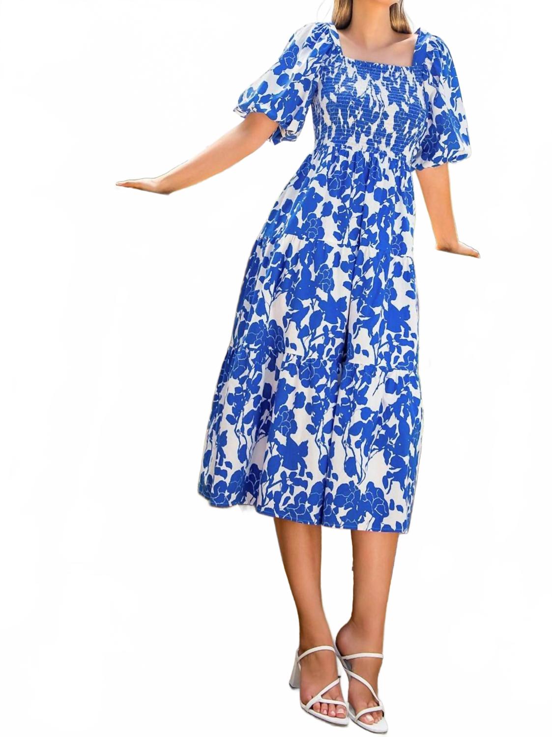 Puff Sleeve Floral Midi Dress In Blue