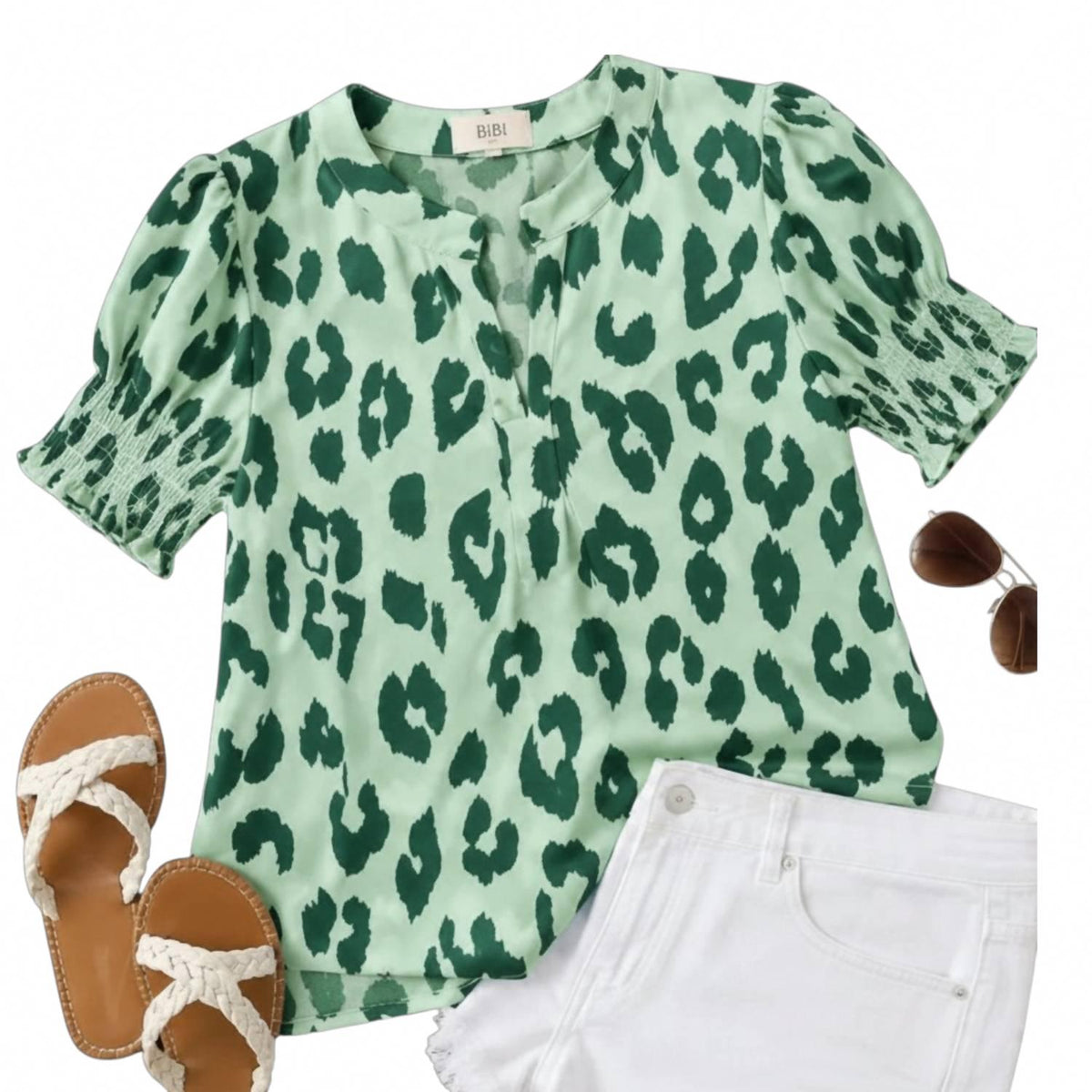 Wild Side Smocked Sleeve Top In Sage/green