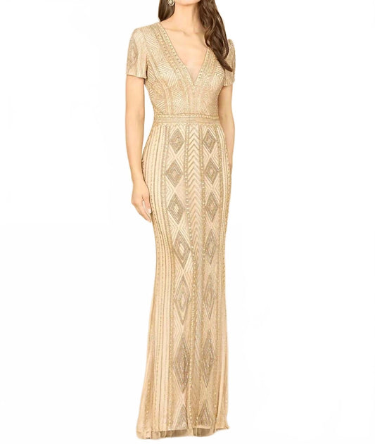 Beaded Short Sleeve Fitted Gown In Champagne