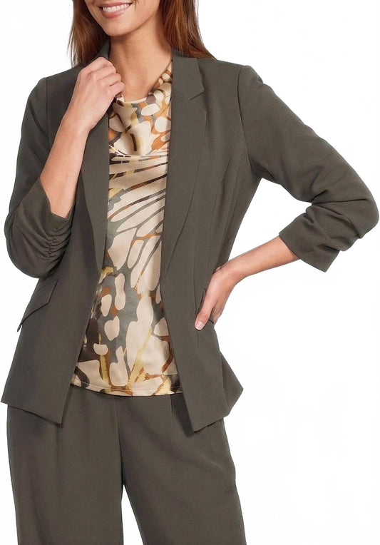 Blaze Of Glory Shirred Sleeve Blazer In Dark Olive