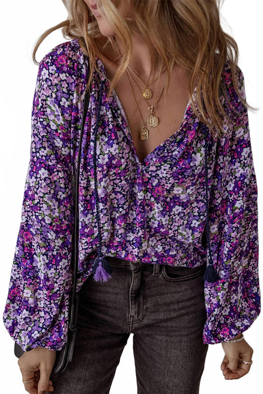 Boho Flower V-Neck Bubble Sleeve Top In Purple