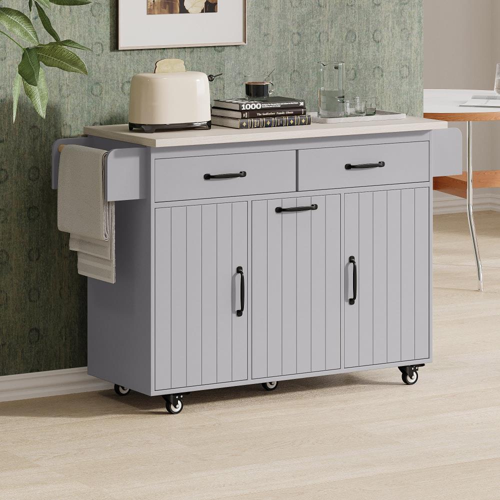 Kitchen Prep Island with Drop Leaf Table, Trash Storage, and Utility Drawer