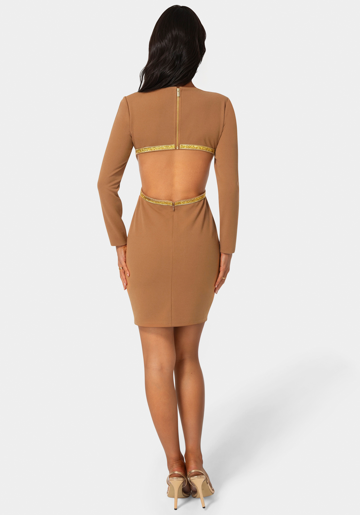 Long Sleeve Open Back Midi With Rhinestone Trim