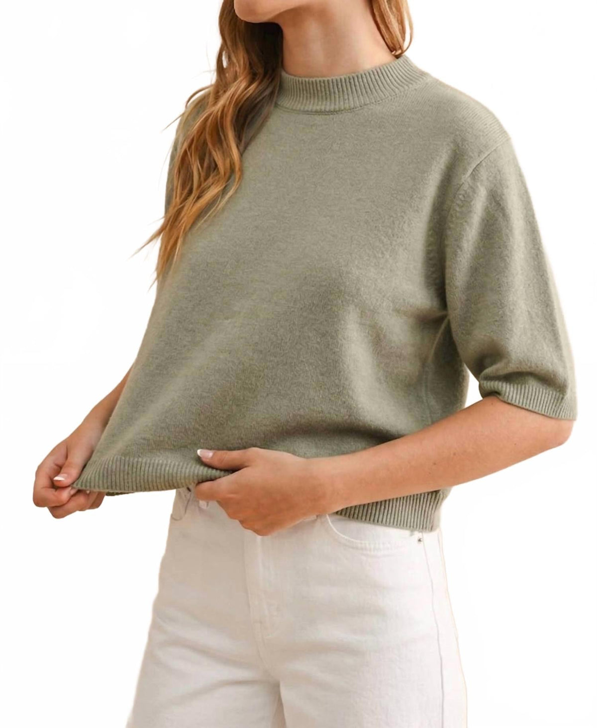 Cassie Short Sleeve Sweater Top In Sage Butter