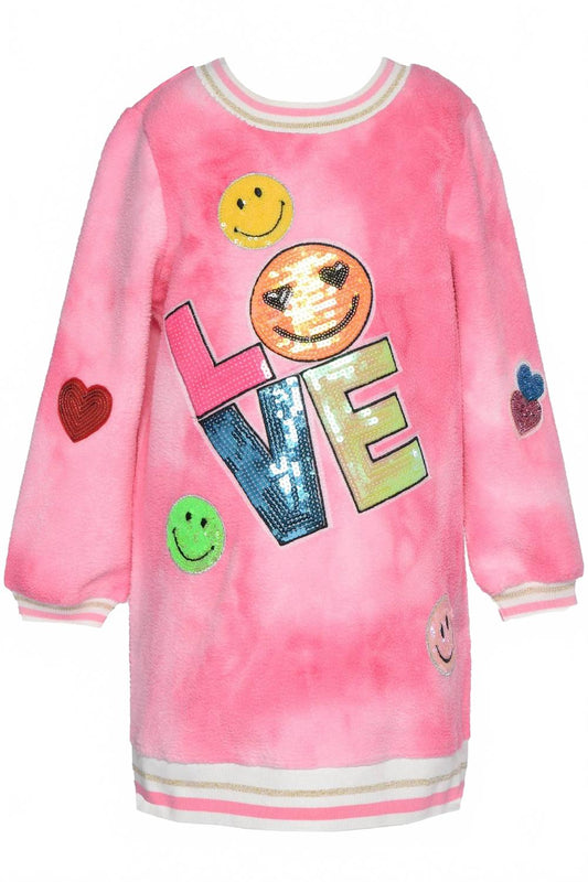 Girls Long Sleeve Love Trim Dress In Pink