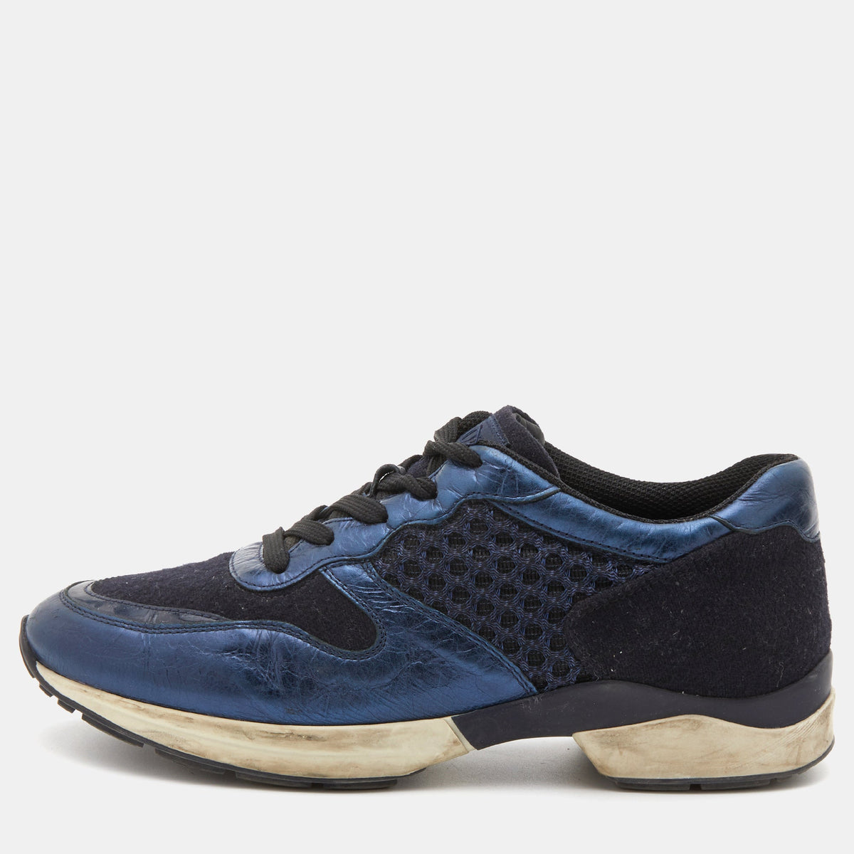 Tod's Navy Blue/Black Leather and Mesh Low Top Sneakers Size 37.5