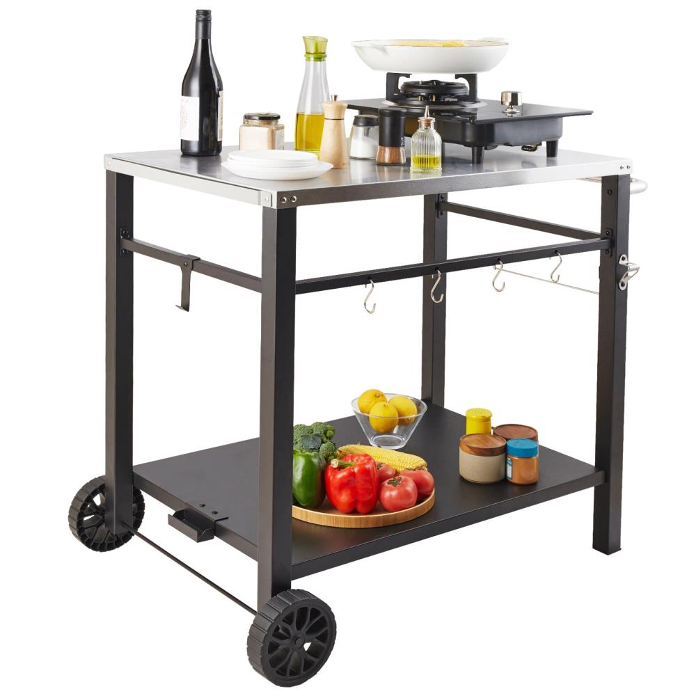 Portable BBQ Prep Table with Two Storage Shelves and Rolling Wheels
