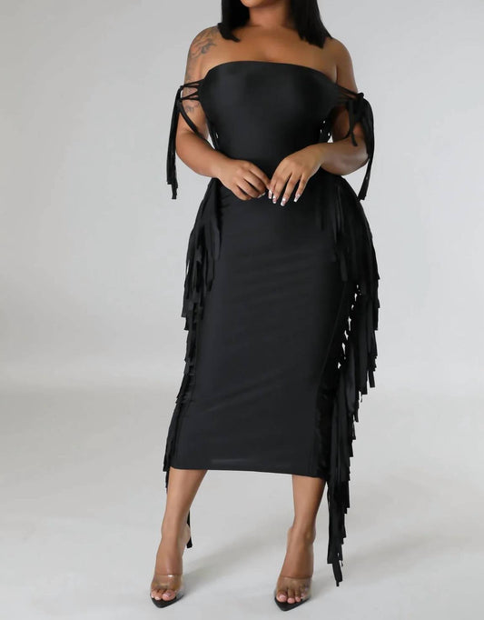 Zena Fringe Tube Midi Dress In Black