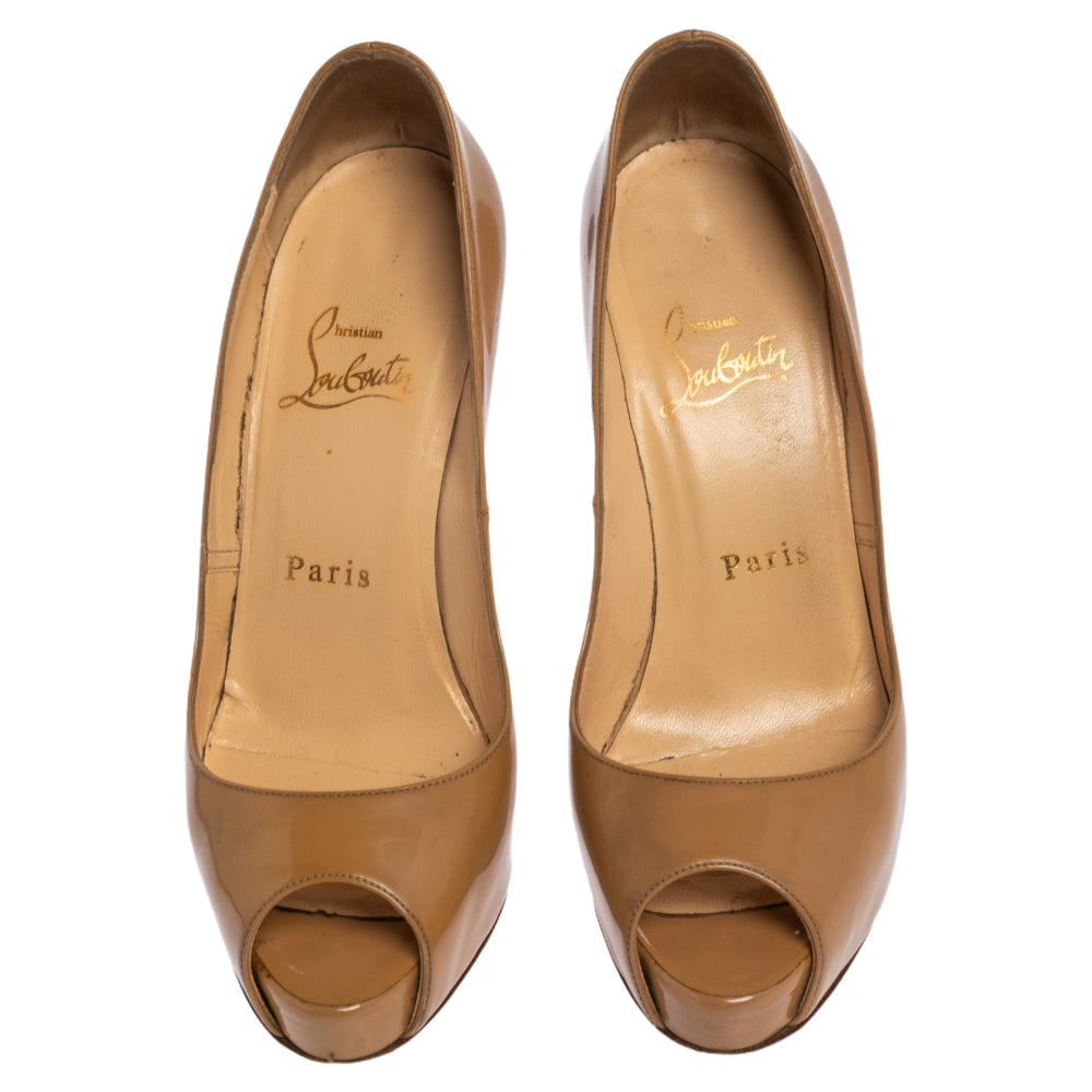 Christian Louboutin Beige Patent Leather Very Prive Peep Toe Pumps Size 35.5