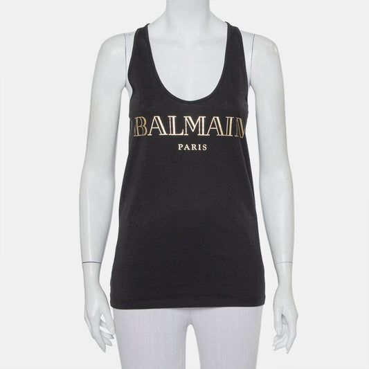 Balmain Black Cotton Logo Printed Tank Top M