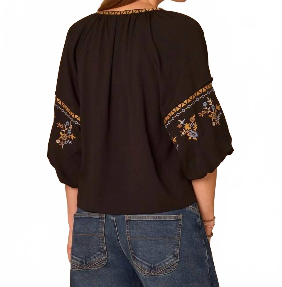 Lace Up Top With Three Quarter Bubble Sleeve And Embroidered Detail In Black Multi