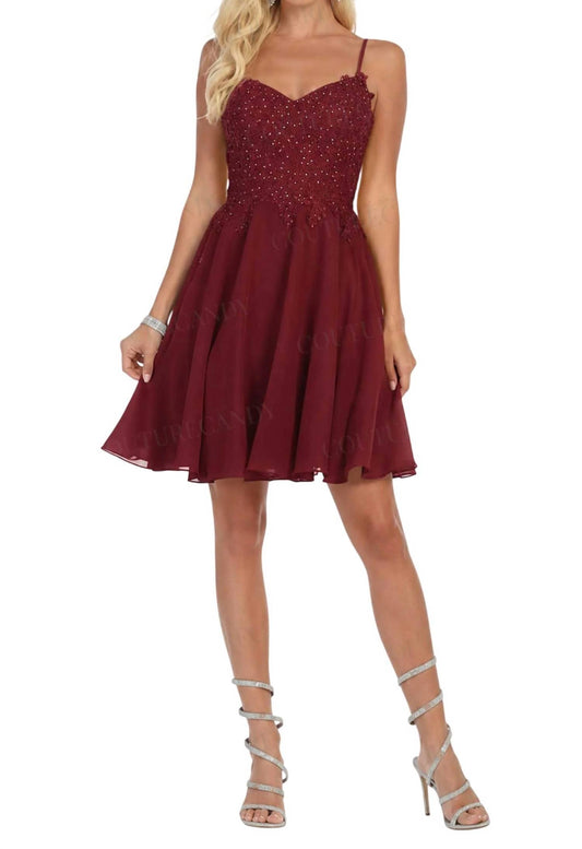 Beaded Lace V-Neck A-Line Party Mini Dress In Burgundy