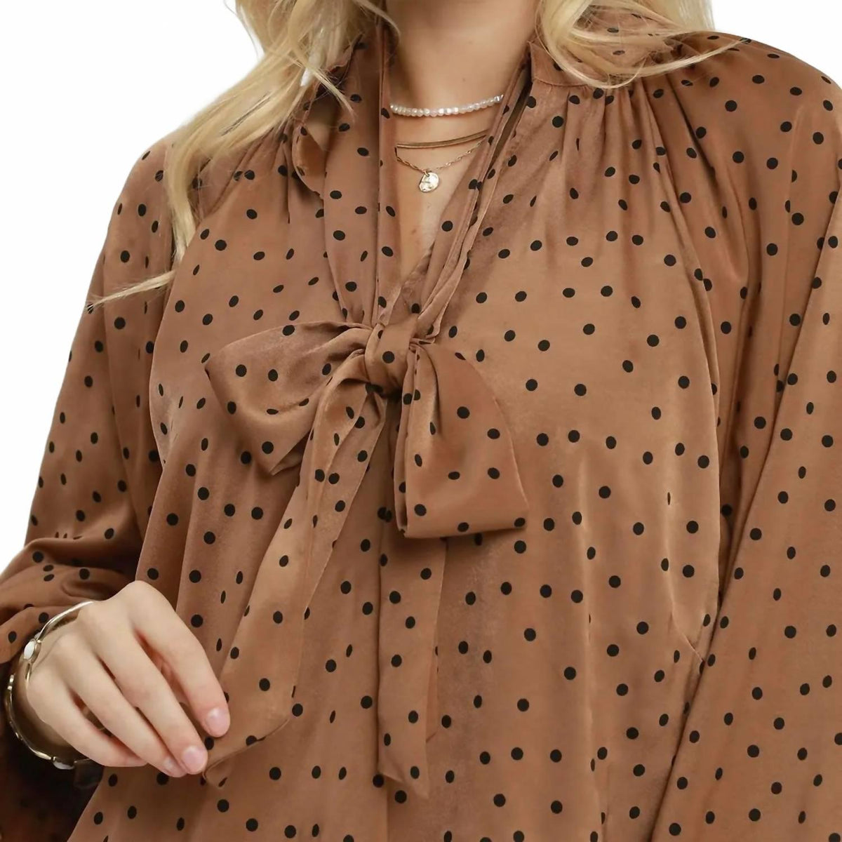 Gianna Polka Dot Tie Neck Top In Brown