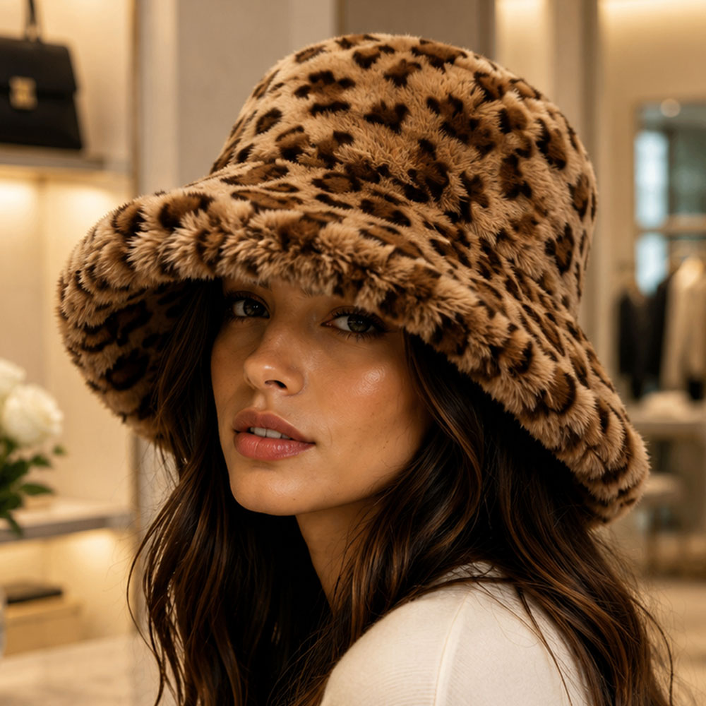 Leopard Print Oversized Plush Faux Fur Winter Bucket Hat