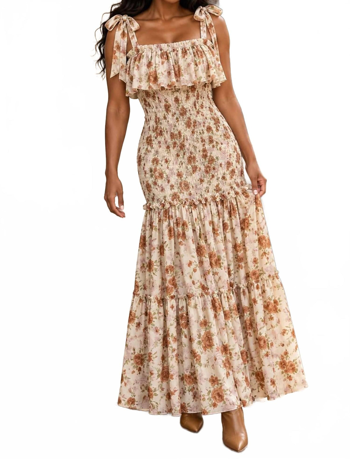 Women's Smocked Tiered Maxi Dress In Cream Floral