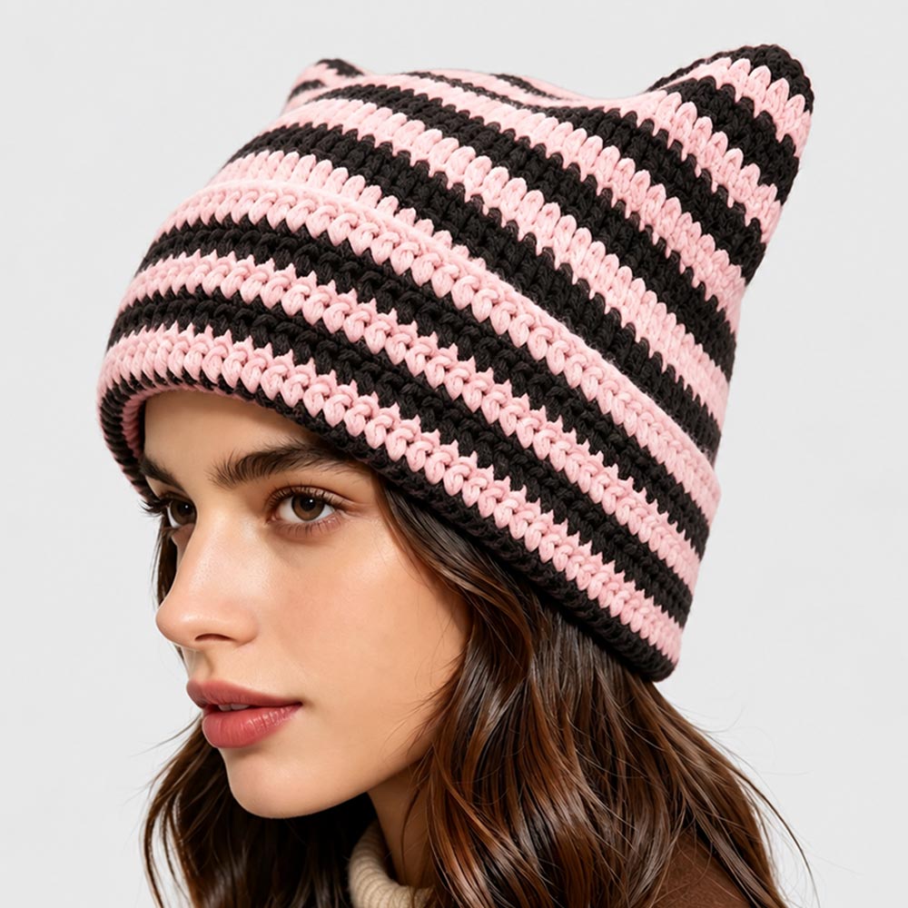 Striped Crochet Cat Ear Winter Beanie Hat