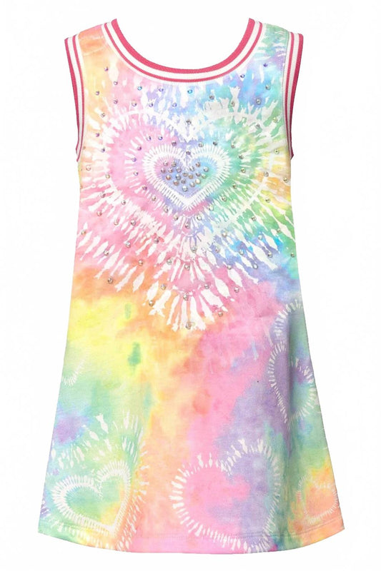 Little Girls Sleeveless Tie-Dye Heart Motif Dress In Pink Multi