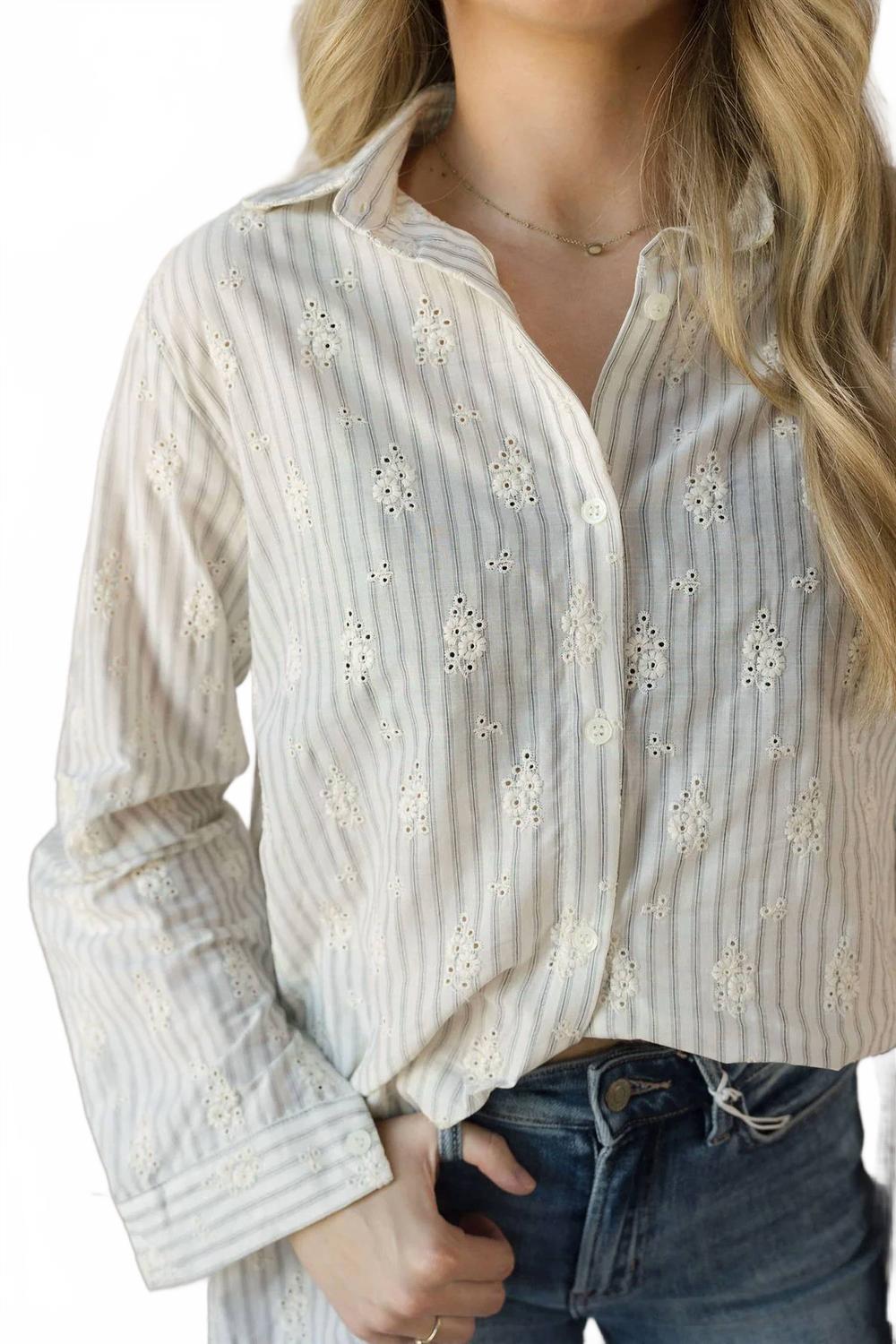 Lizzie Eyelet Stripe Button Up Shirt In Natural