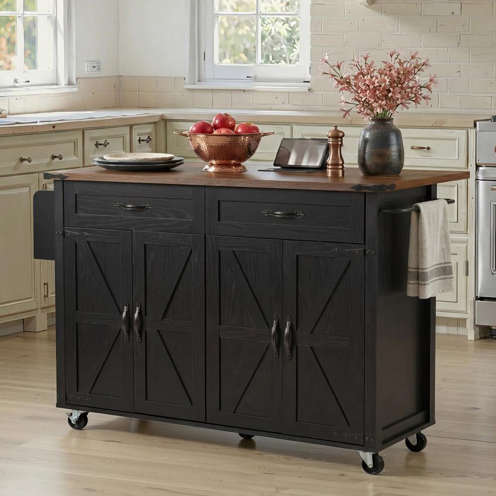 Farmhouse Kitchen Island on Wheels with Drop Leaf, Drawer, and Functional Storage