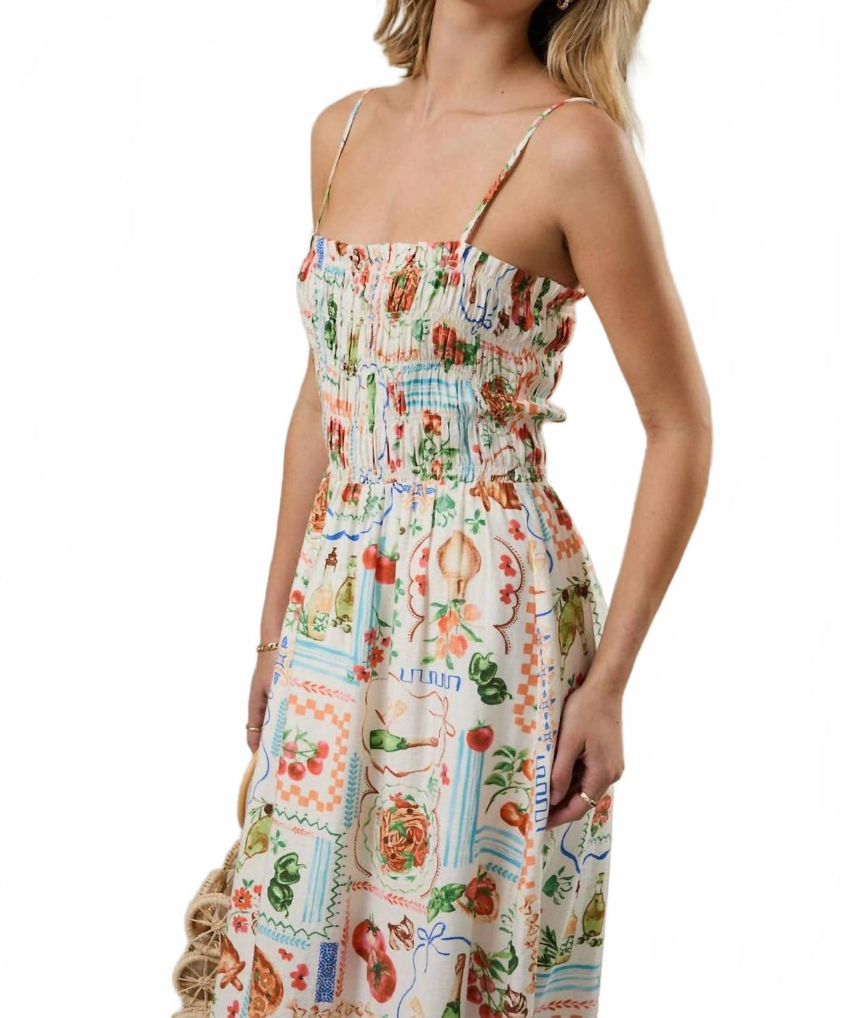 Vacation Floral Smocked Maxi Dress In White Multi