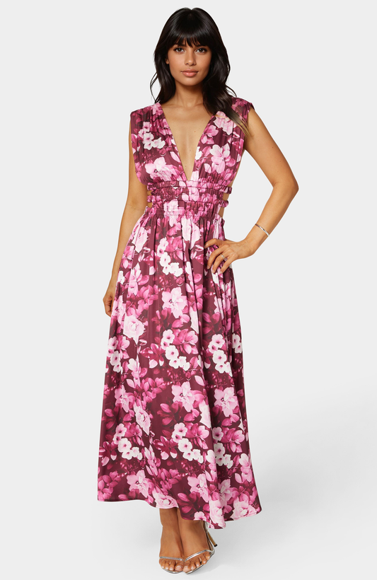 Bebe Women's Satin V-neck Cutout Maxi Dress