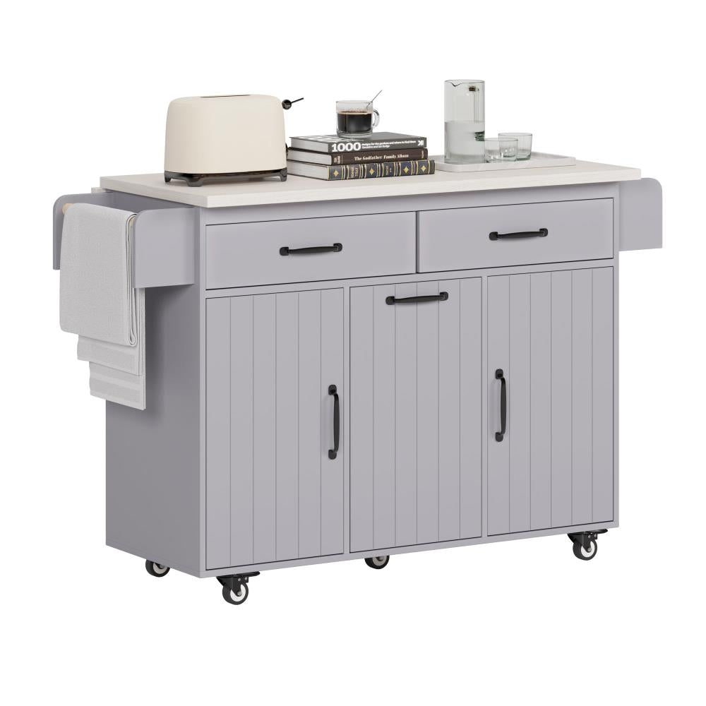 Kitchen Prep Island with Drop Leaf Table, Trash Storage, and Utility Drawer