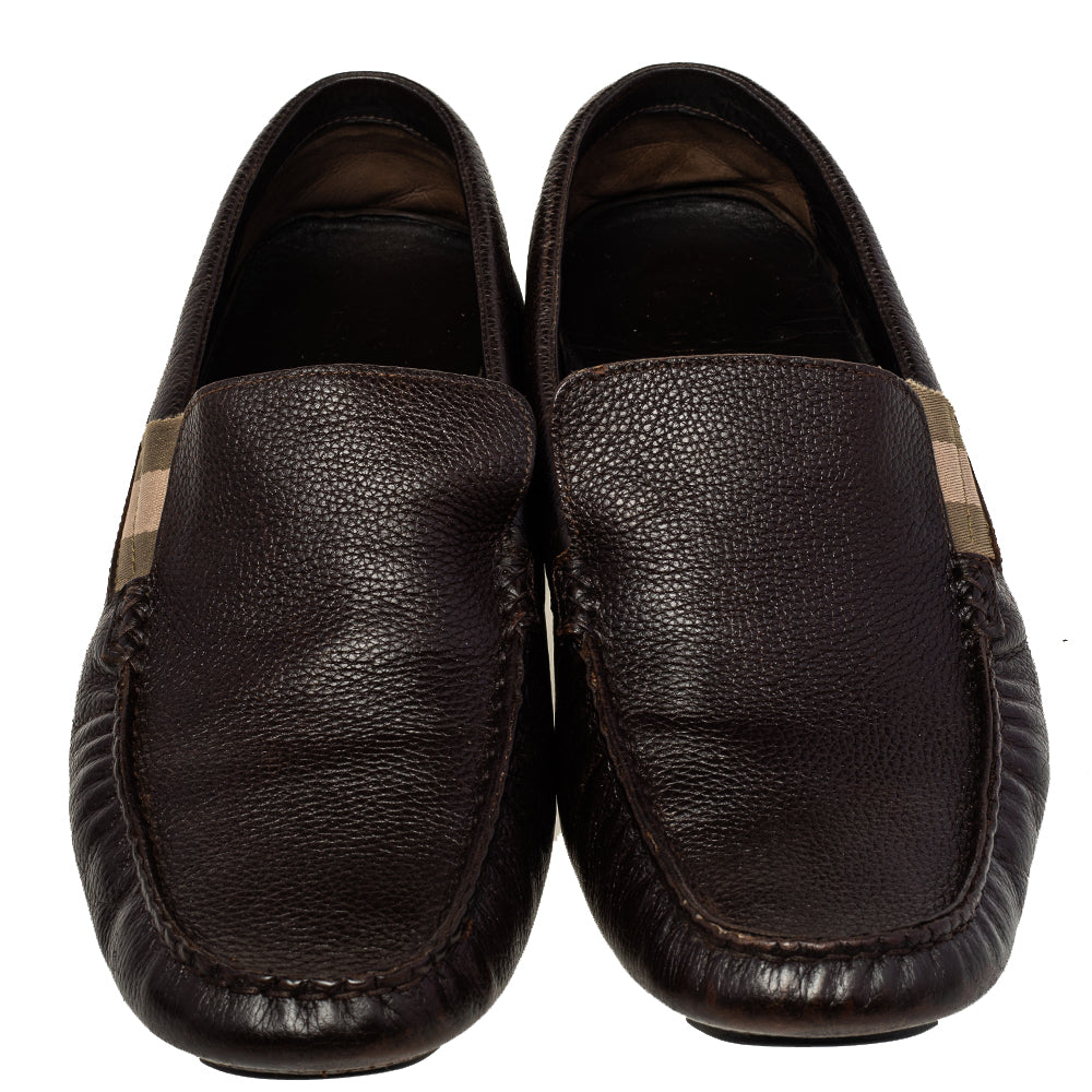 Gucci Brown Leather Web Detail Slip-On Loafers Size 43