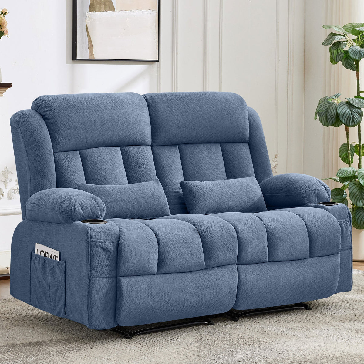 Dual-Seater Reclining Couch with Side Pockets and Convenient Drink Holders