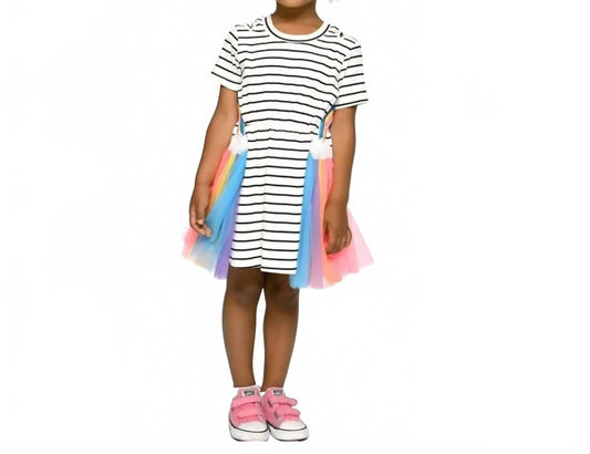 Side Cutout Rainbow Dress In White Multi Stripe