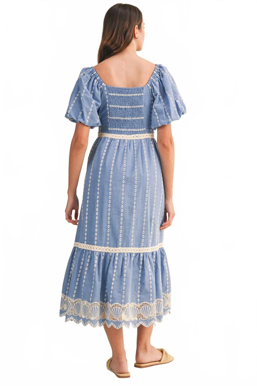 Embroidered Eyelet Seashell Hem Midi Dress In Ocean Blue