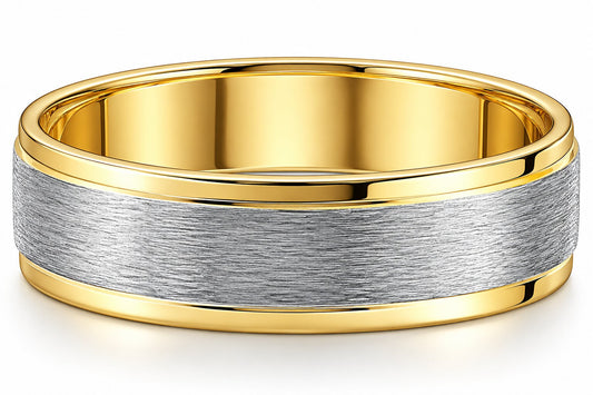 7mm Mens 10k White and Yellow Gold Two Tone Brushed Flat Edge Wedding Band