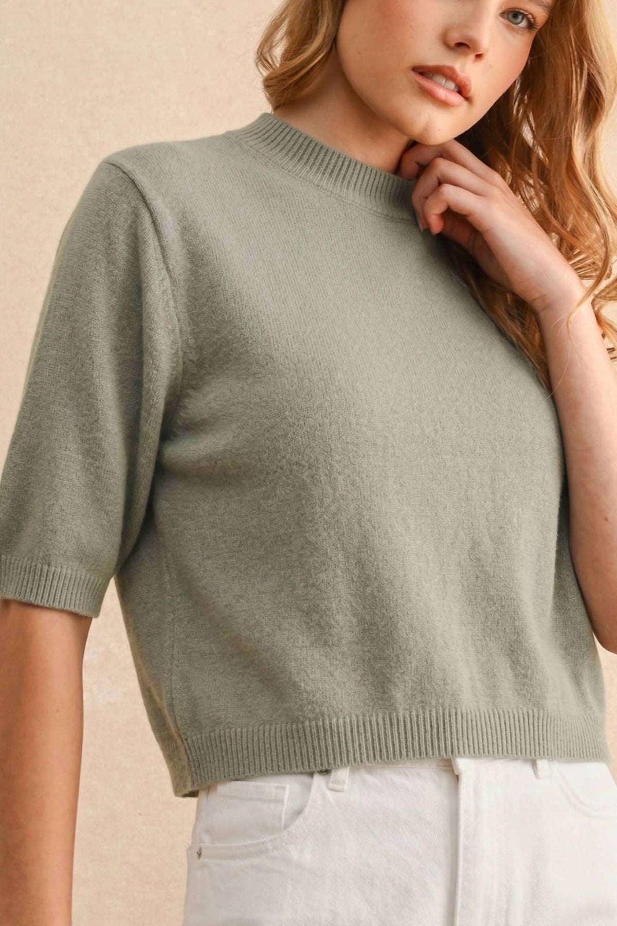 Cassie Short Sleeve Sweater Top In Sage Butter