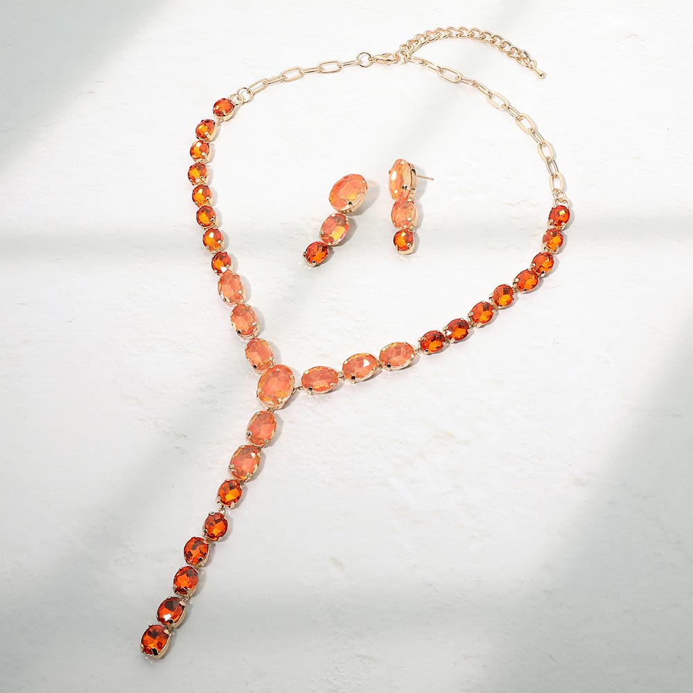Faceted Oval Gem Link Y Drop Statement Necklace