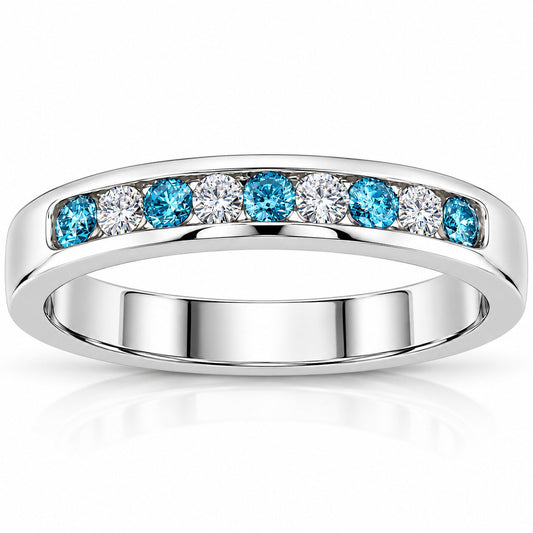 1/4ct Blue & White Diamond Wedding Ring 14K White Gold Size Selectable