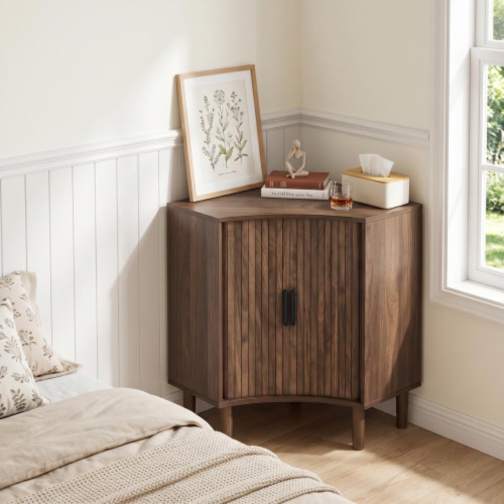 Small Corner Floor Cabinet with Fluted Wooden Design