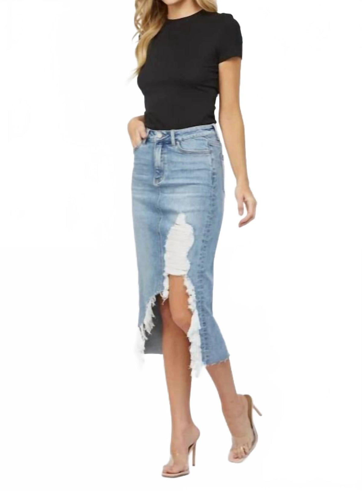 Madrid Distressed Midi Skirt In Medium Wash