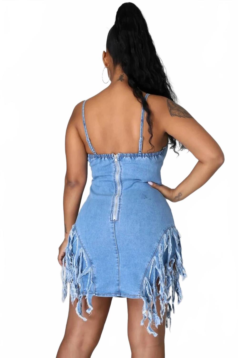 Dare To Bare Fringe Denim Mini Dress In Blue