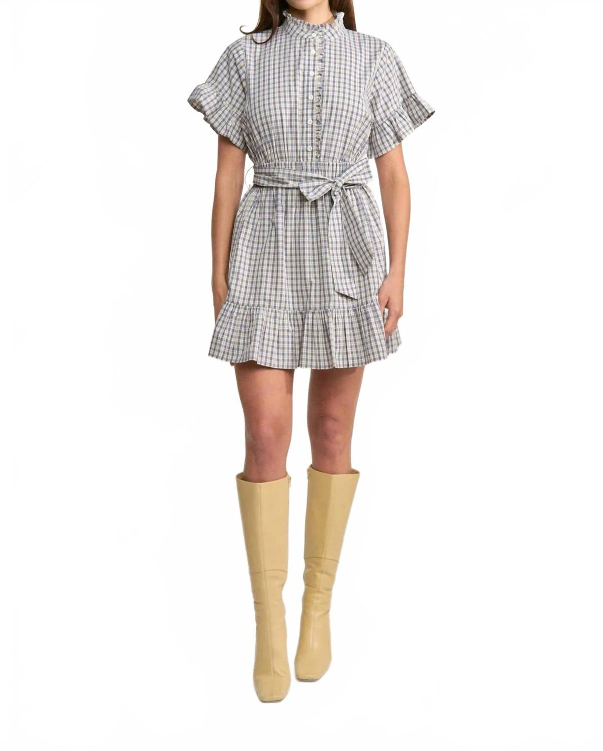 Ruffle Placket Belted Tiered Mini Dress In White Blue Navy