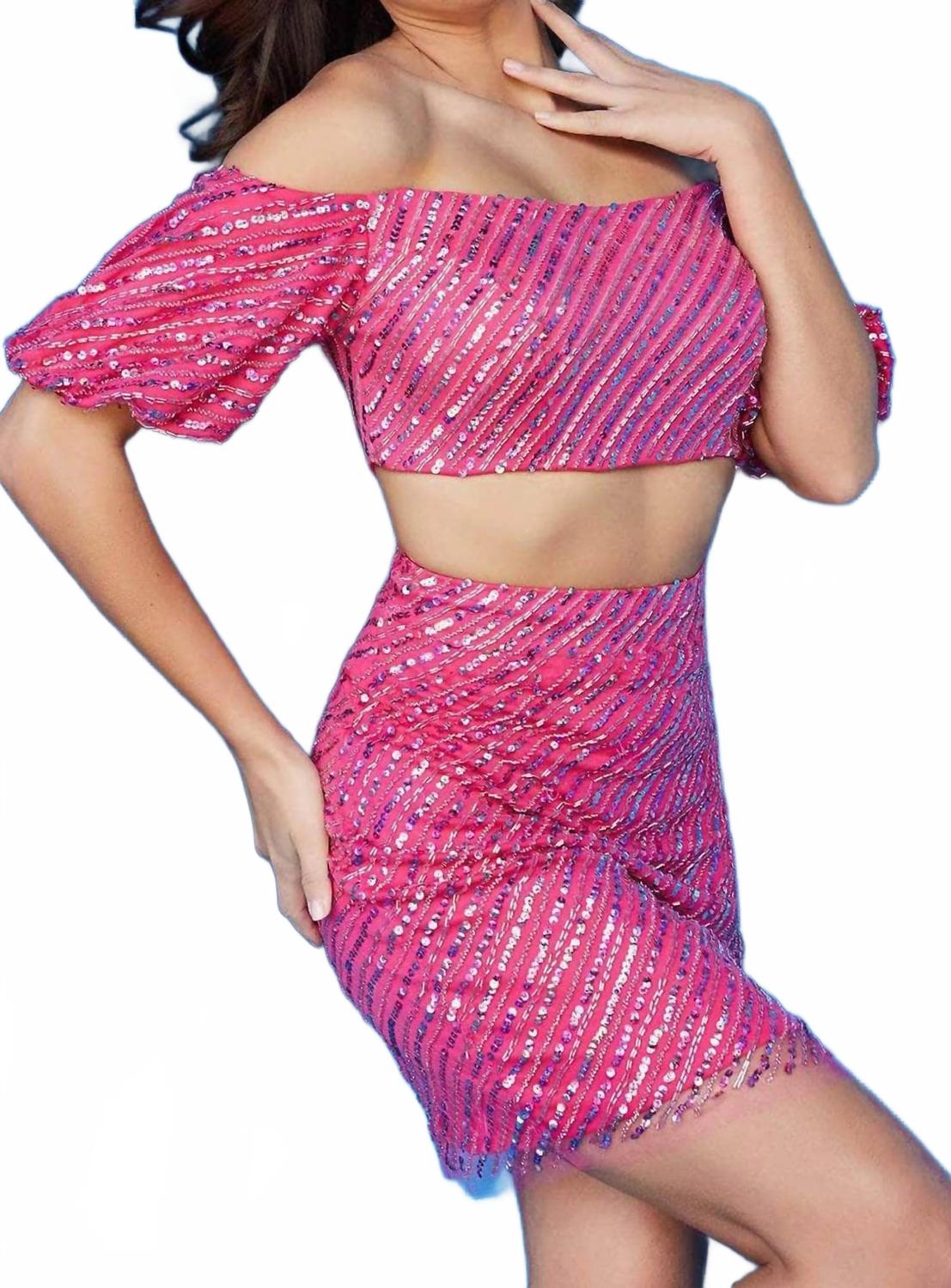 Off Shoulder Two-Piece Stripe Sequin Dress In Hot Pink