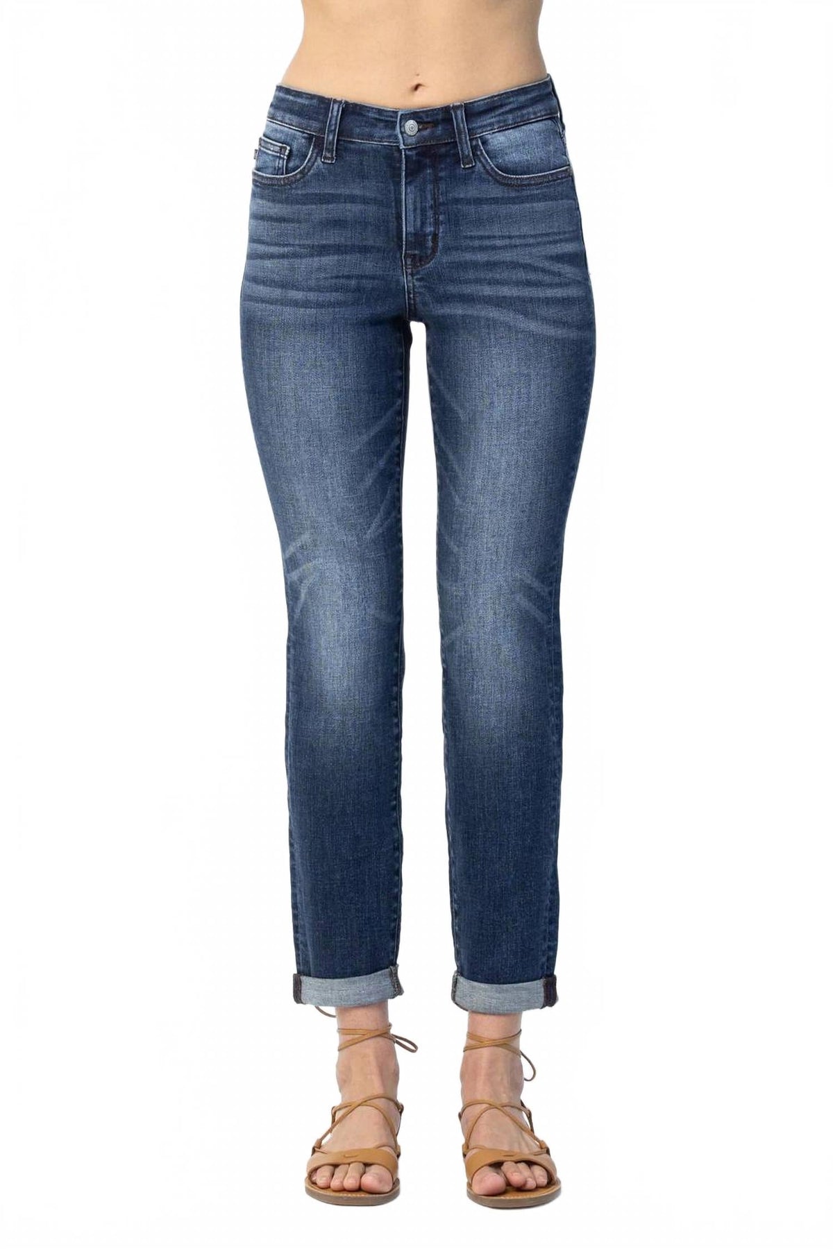 Basic Cuffed Slim Fit Jeans In Dark Wash