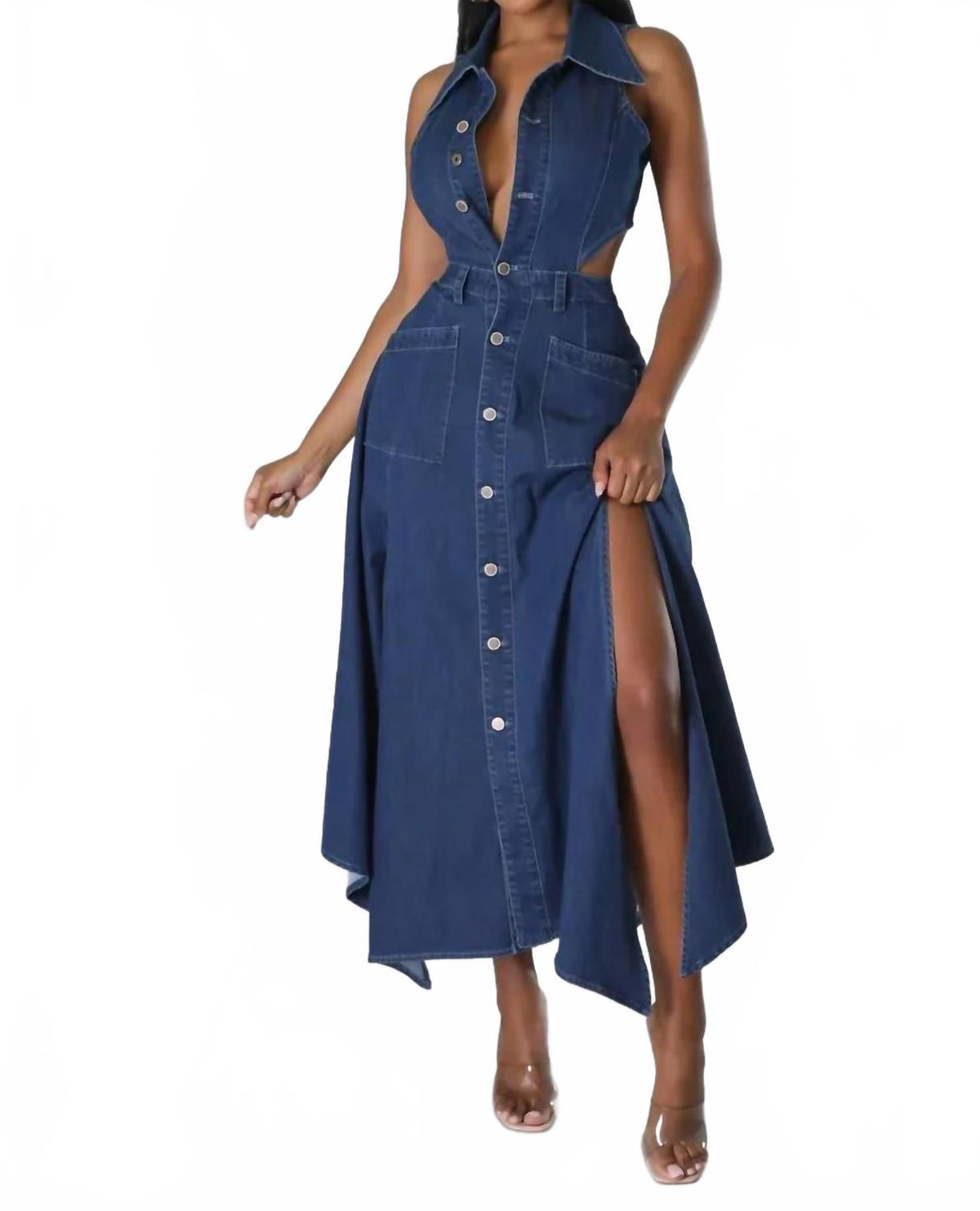 Symphony Cutout Denim Midi Dress In Dark Wash