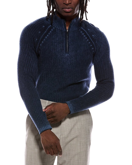 Autumn Cashmere Inked Ribbed Wool & Cashmere-Blend 1/4-Zip Mock Neck Sweater