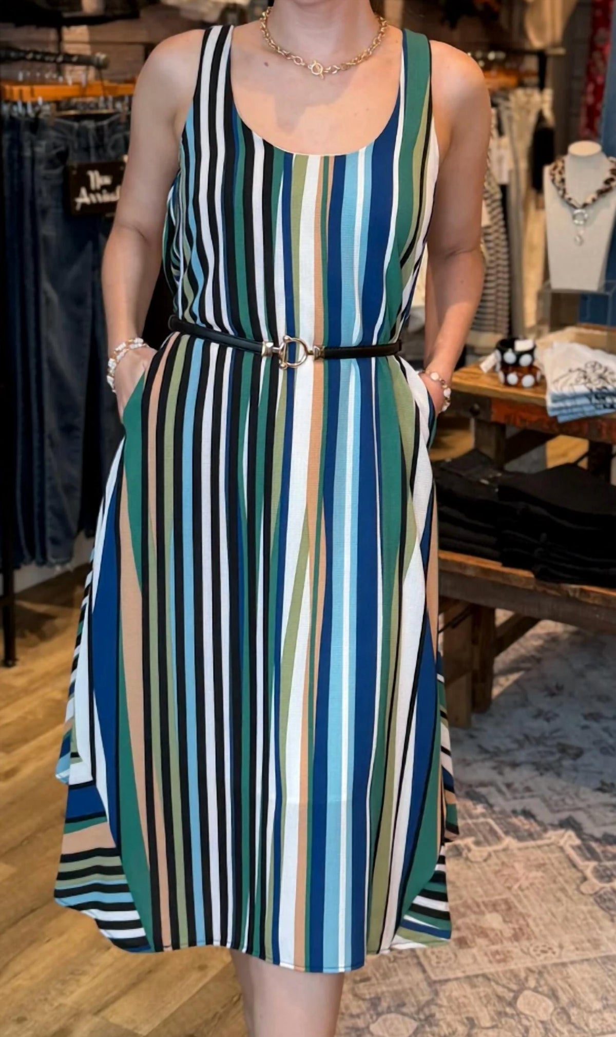 Sleeveless Stripe Dress With Pockets In Blue/green