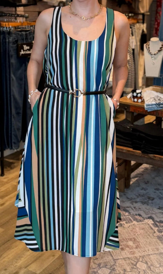 Sleeveless Stripe Dress With Pockets In Blue/green