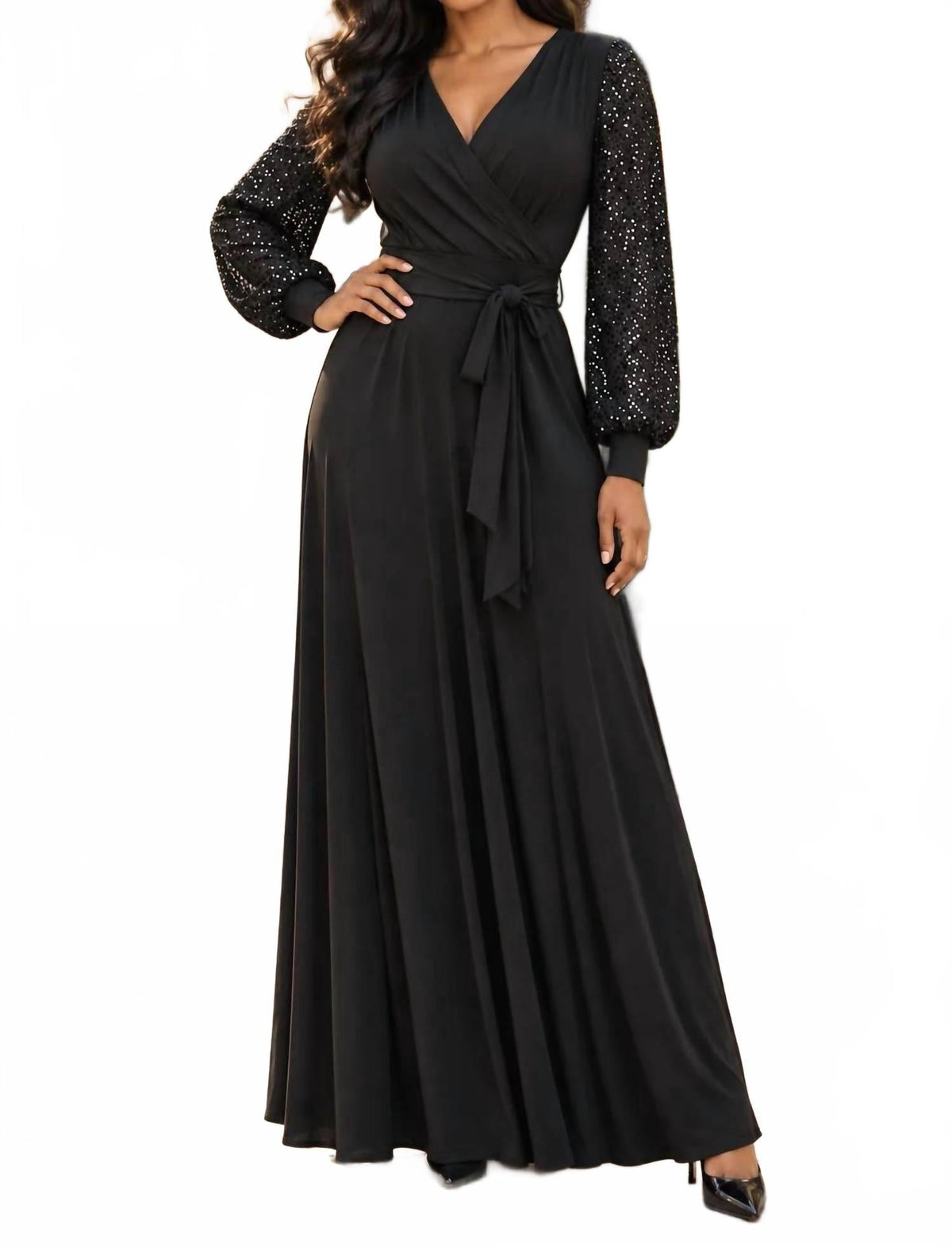 Women's Sequin Balloon Sleeve Wrap Maxi Dress In Black