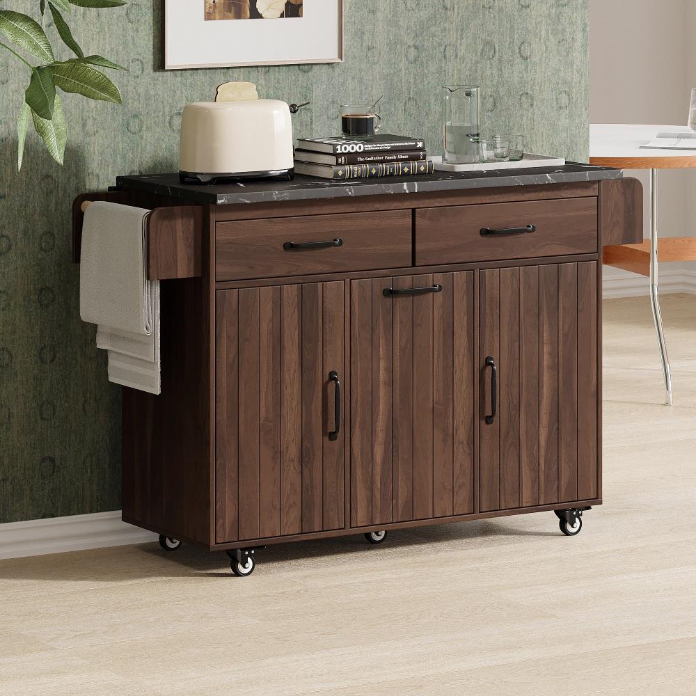 Kitchen Prep Island with Hidden Trash Can Cabinet and Adjustable Storage Shelf