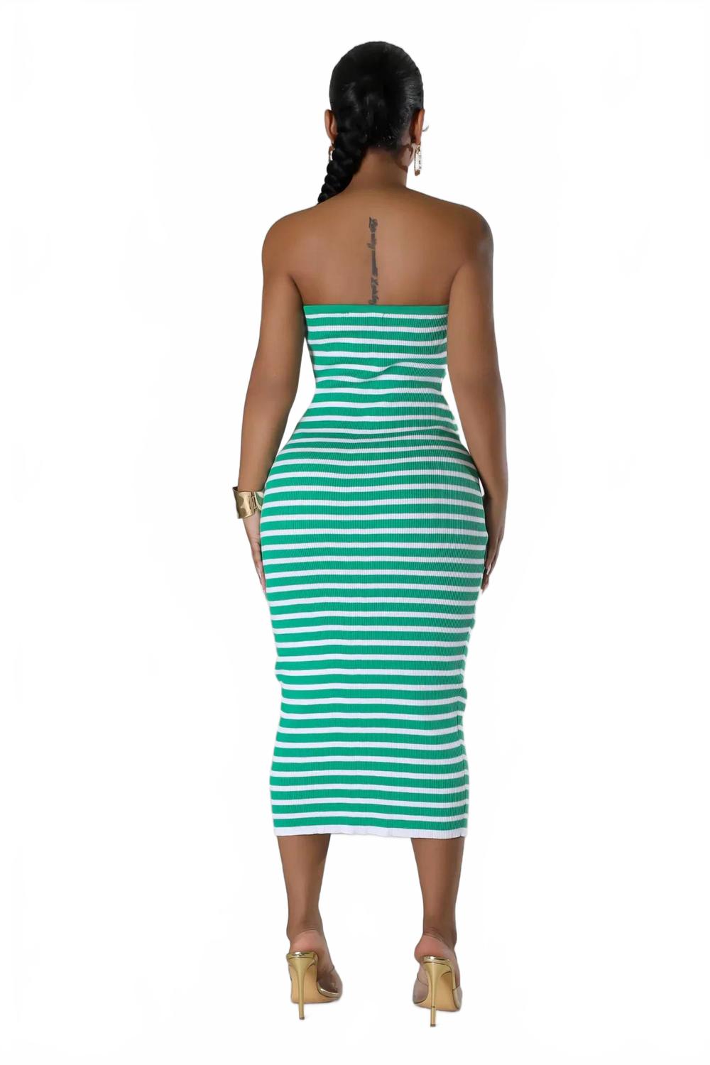 Sandie Strapless Striped Midi Dress In Green