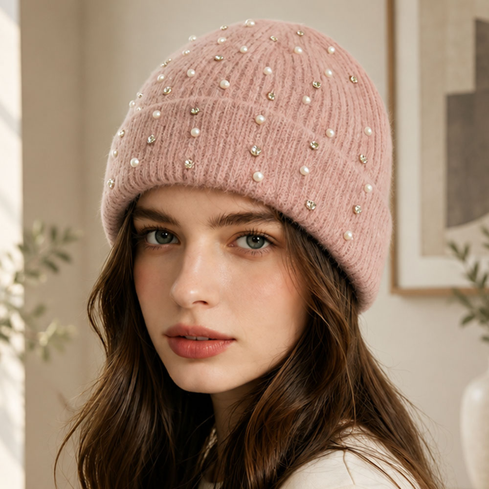 Pearl Rhinestone Embellished Ribbed Knit Winter Beanie Hat