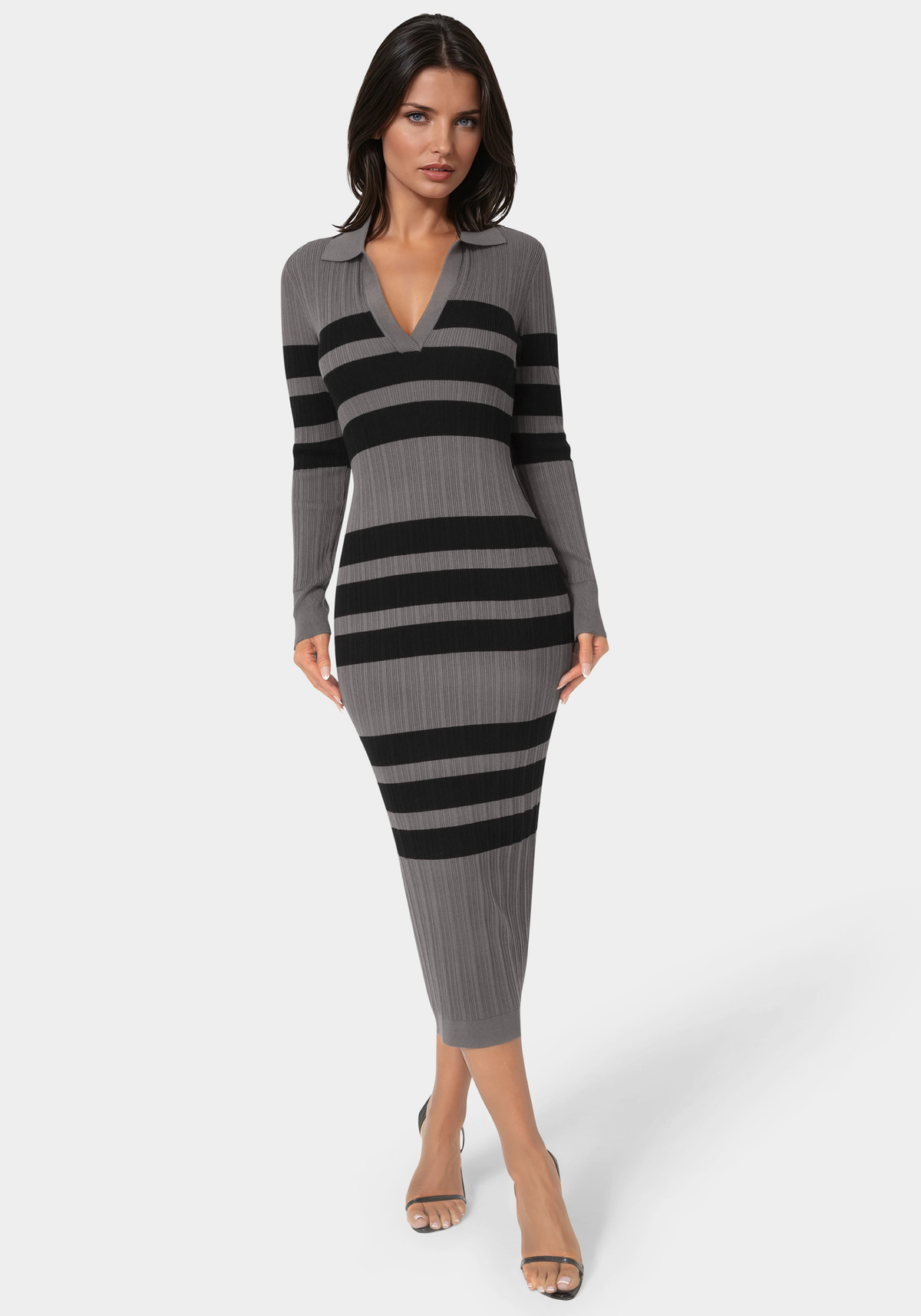 Long Sleeve Collar Striped Knit Dress