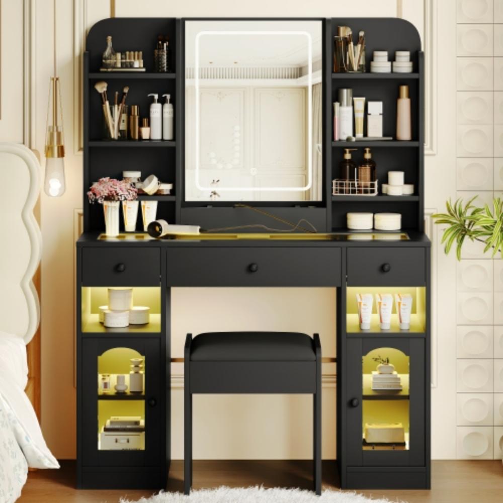 Modern Makeup Desk with Illuminated Glass Storage
